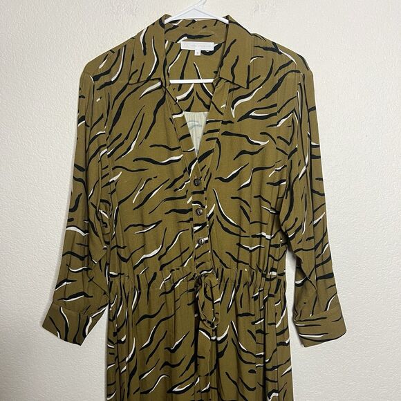 Anthropologie Corey Lynn Calter Olive Zebra Shirt Dress MIDI Office Small B20 - Picture 3 of 6